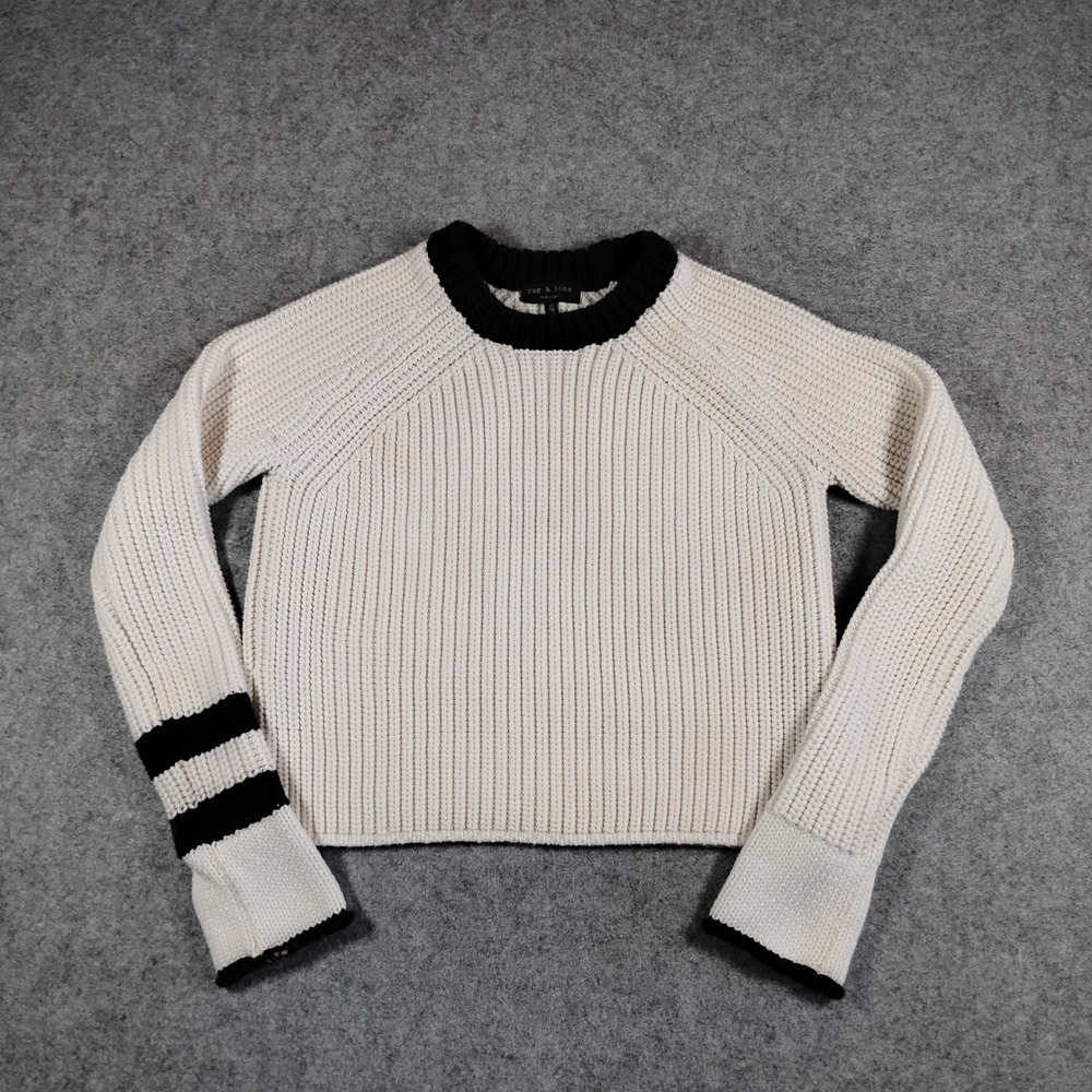 Rag & Bone Ivory Black Shaker Rib‎ Knit Cropped Sweater Varsity Stripe XS